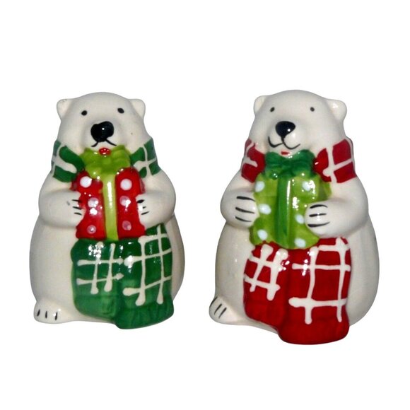 Polar Bear Salt & Pepper Shakers Christmas Ceramic MCM Vintage w Stoppers - Picture 1 of 6